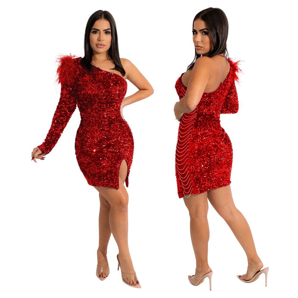 Damesjurk Kleding Mode Veer Pailletten Kralen Feest Split Schouder Lange Mouw Bodycon Hoge Taille Mini-jurk