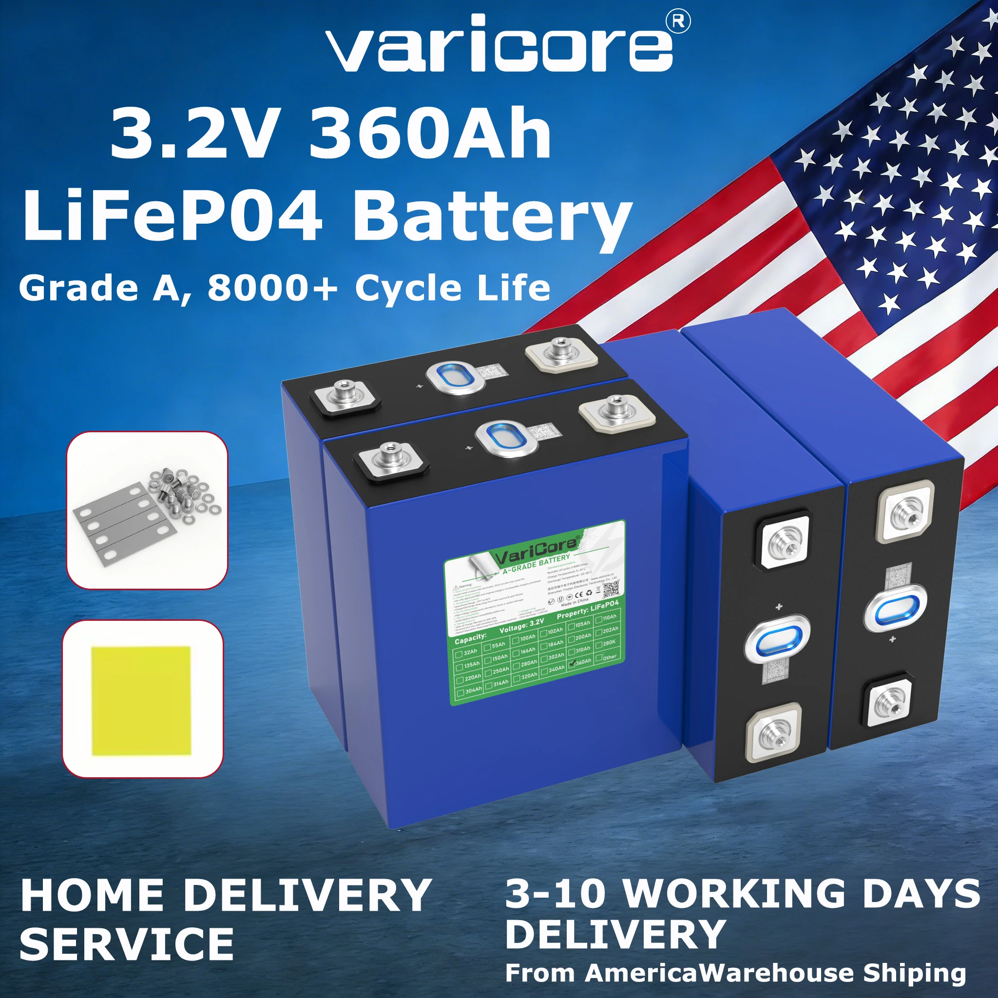 

US Stock Varicore Lifepo4 Battery 360ah 3.2V Grade A 8000Cycle DIY 12V 24V 48V Lithium iron phosphate Cell For Camping Golf Cart