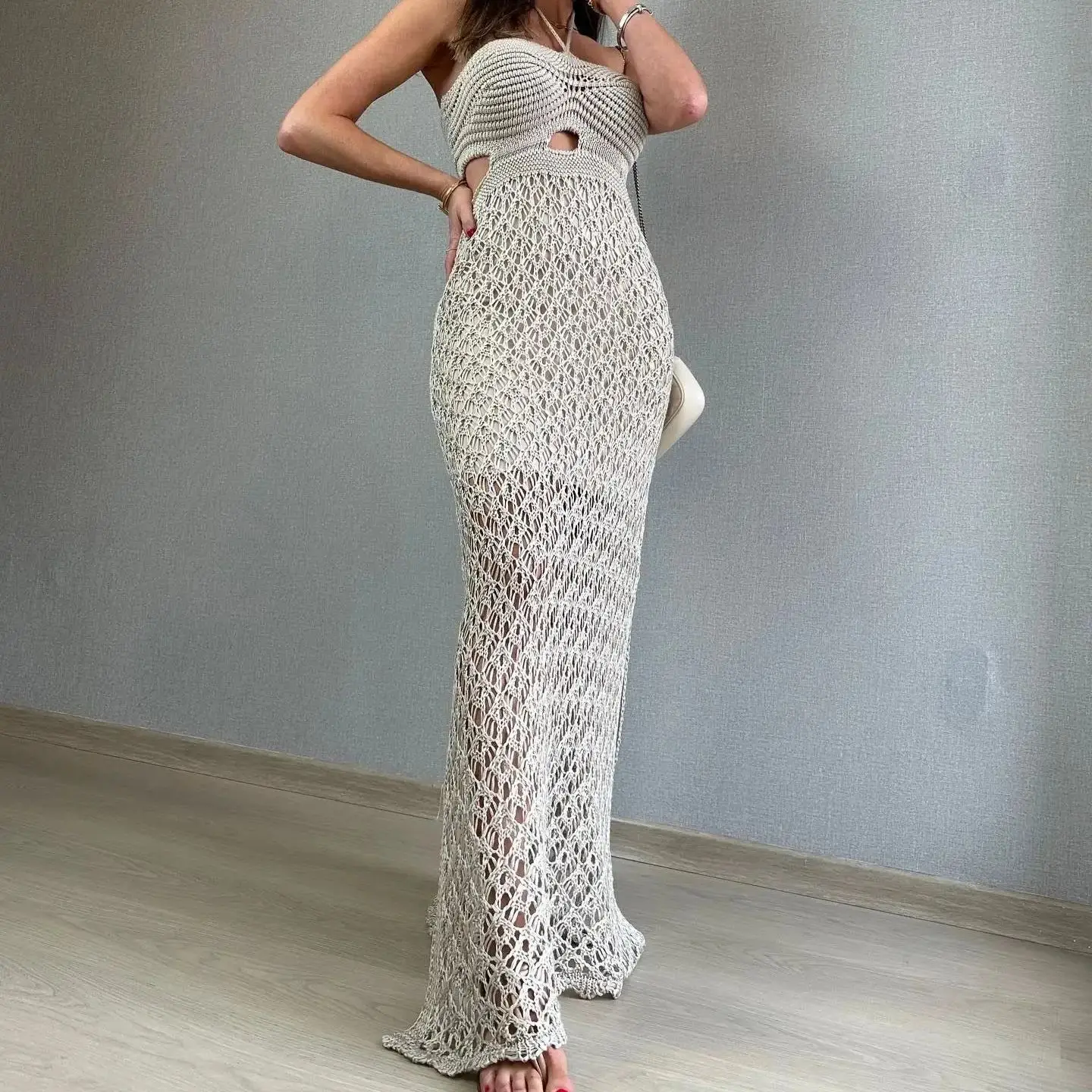 

2024 Crochet Cover Up Beach Knitted Mesh Sexy Bandeau Maxi Dress Women Summer Dress Solid Bikinis Cover-ups Halter Beachwer New