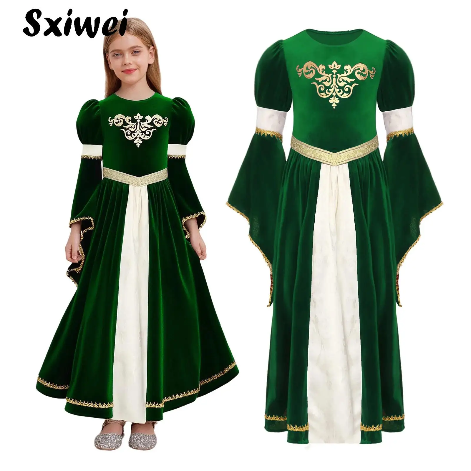

Kids Girls Medieval Renaissance Velvet Dress Halloween Princess Queen Cosplay Bell Sleeve Gold Trim Vintage Victorian Gown Dress