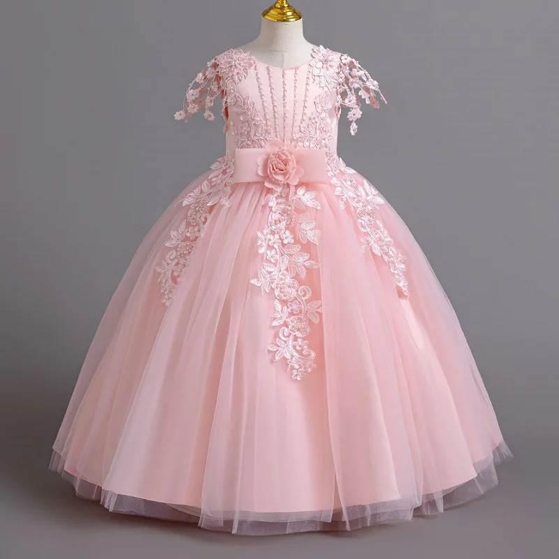 Girl\'s Flower Bow Princess Dress 4-12 Years Old Fashionable Embroidered Lace Long Mesh Dress Carnival Birthday Performance Dress