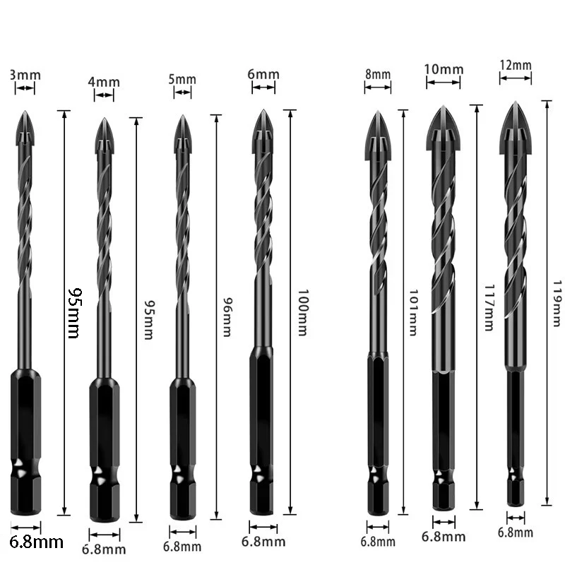 7 pçs cruz hex telha brocas kit antiderrapante 3/4/5/6/8/10/12mm triângulo bit brocas de concreto liga dura ferramentas abridor de buraco