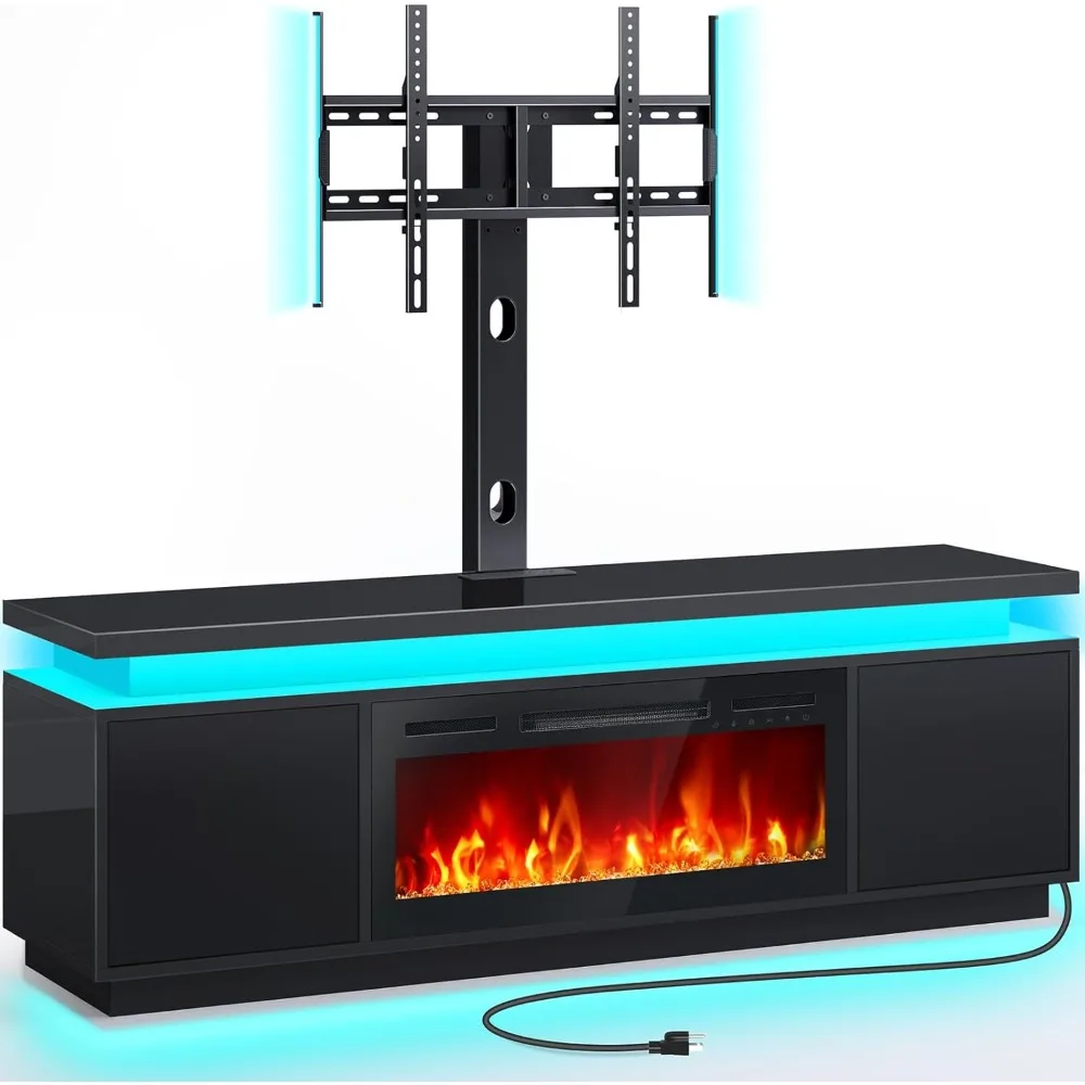 Soporte para TV con chimenea con luces LED y tomas de corriente, soporte para TV con chimenea eléctrica, centro de entretenimiento negro