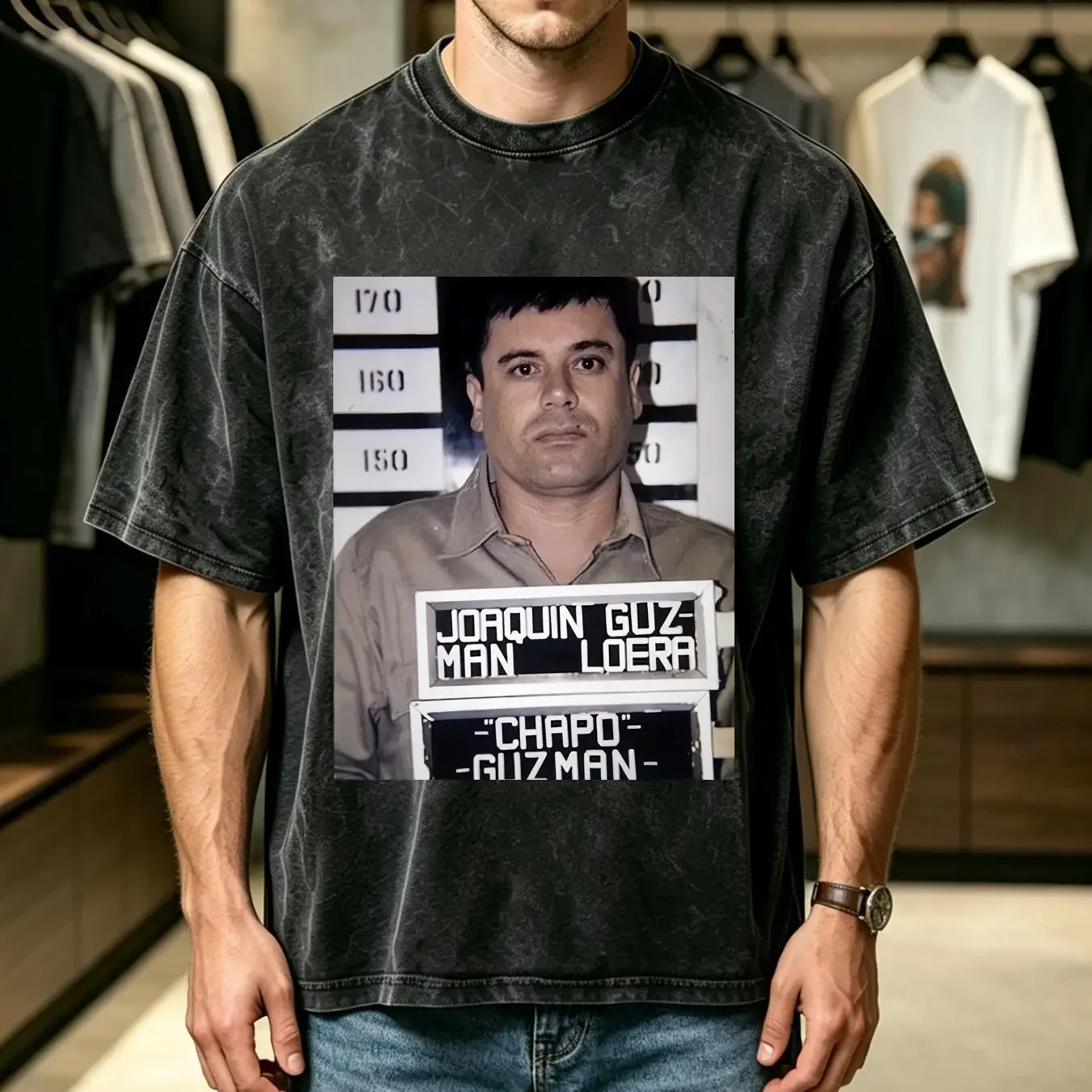 washed T Shirt EL CHAPO MUGSHOT Joaquin Guzman Mexican Cartel Bootleg With Picture Of long or short sleeves vintage Washed Soft