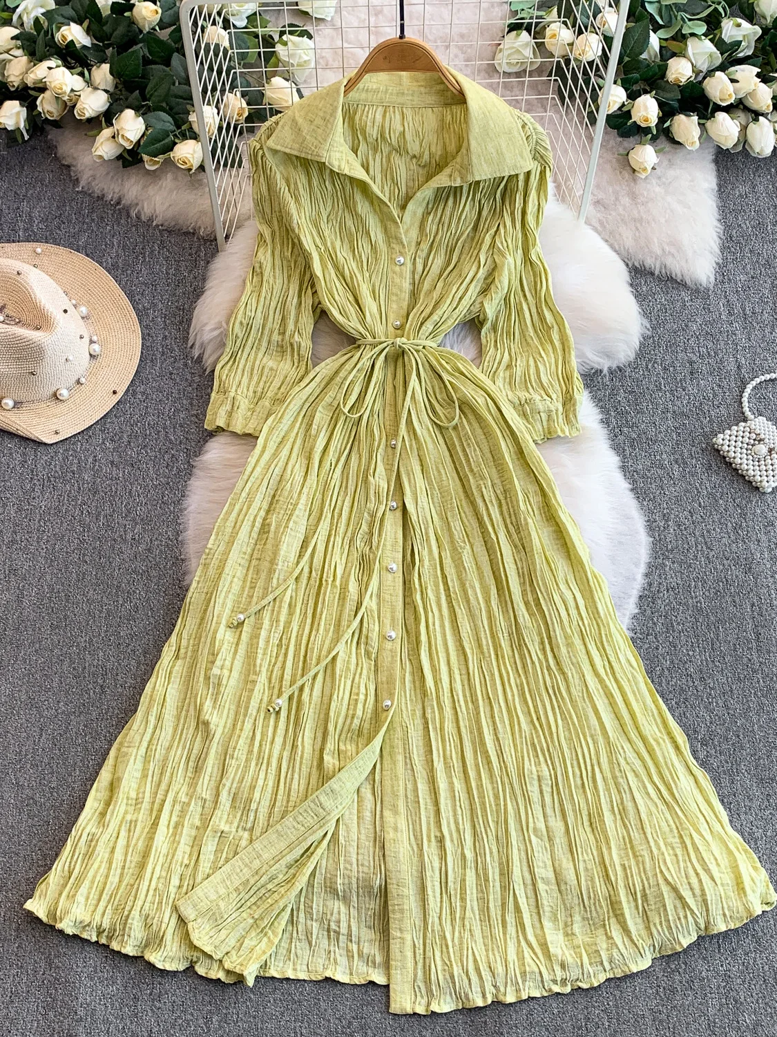 Chic Vintage Pleated Collar Dress Women's Spring Autumn Casual Pearl Button Waist Cinching Knee-Length Midi Skirt