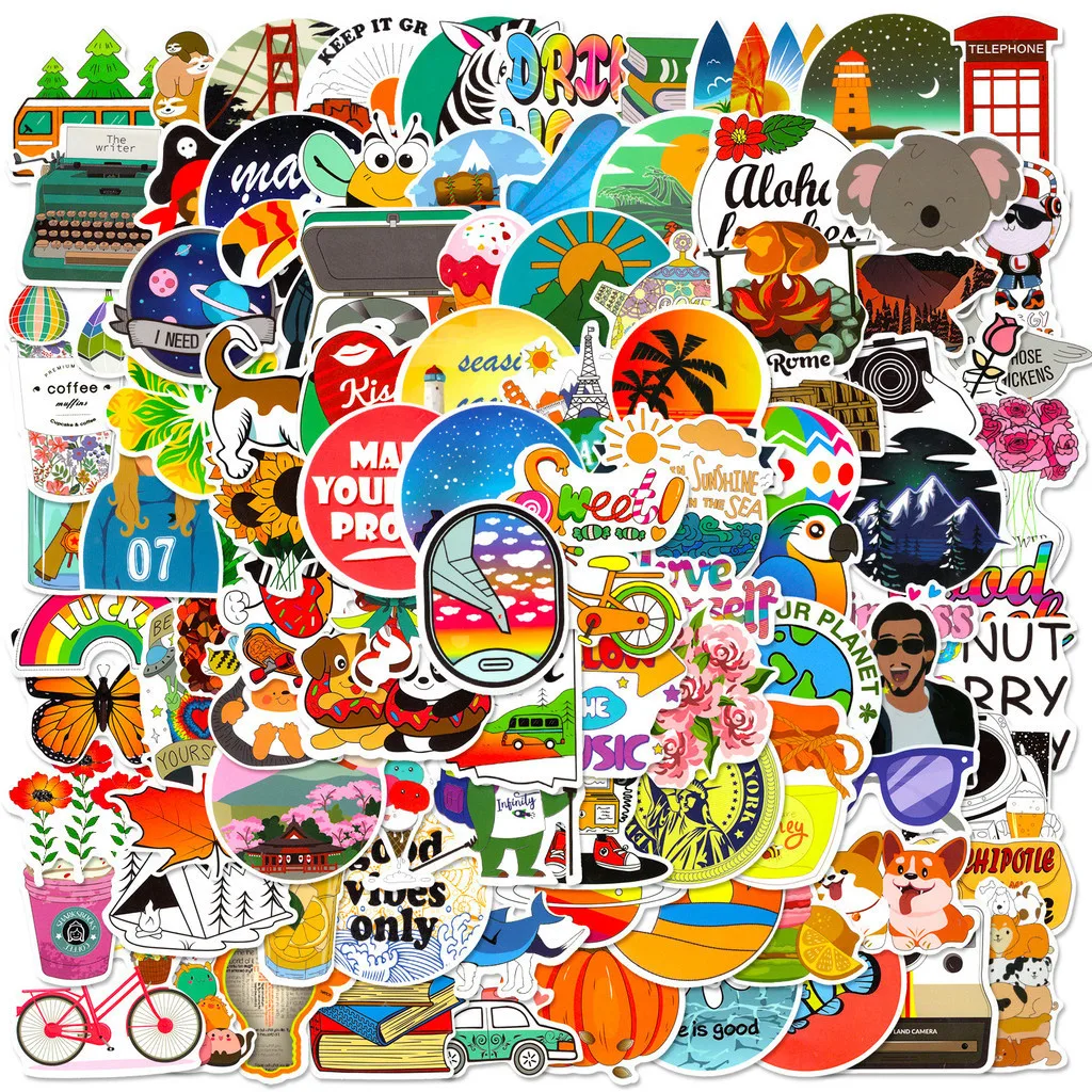 100/50 قطعة من ملصقات العلامات التجارية العصرية المختلطة - جرافيتي صغيرة مقاومة للماء للخوذات والدراجات وحقائب القلم الرصاص (متجر Anime Worlds)
