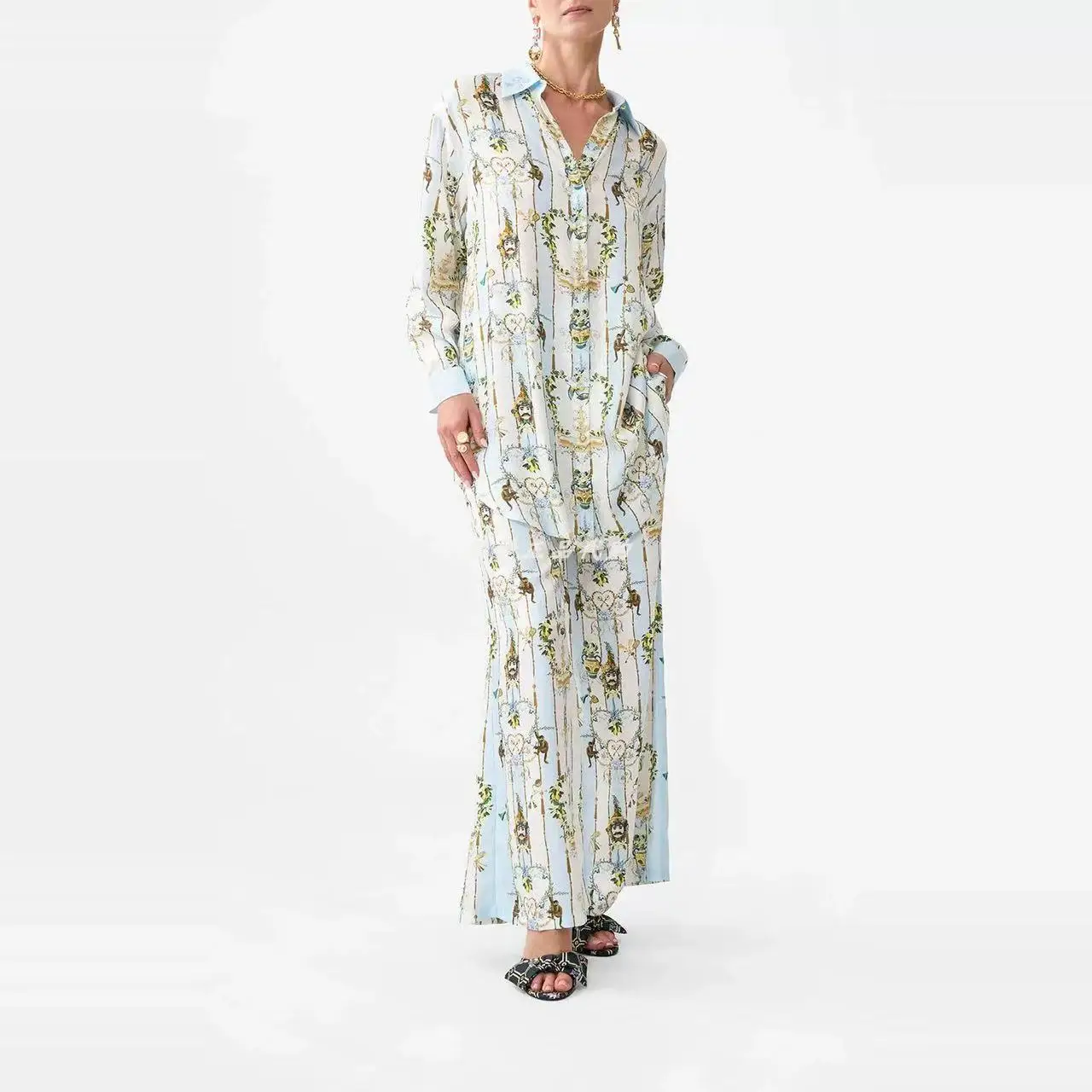 Faionable Set con colletto lungo stampato e pantaloni a gamba larga Abbigliamento estivo da donna Vestibilità ampia Ele Sle