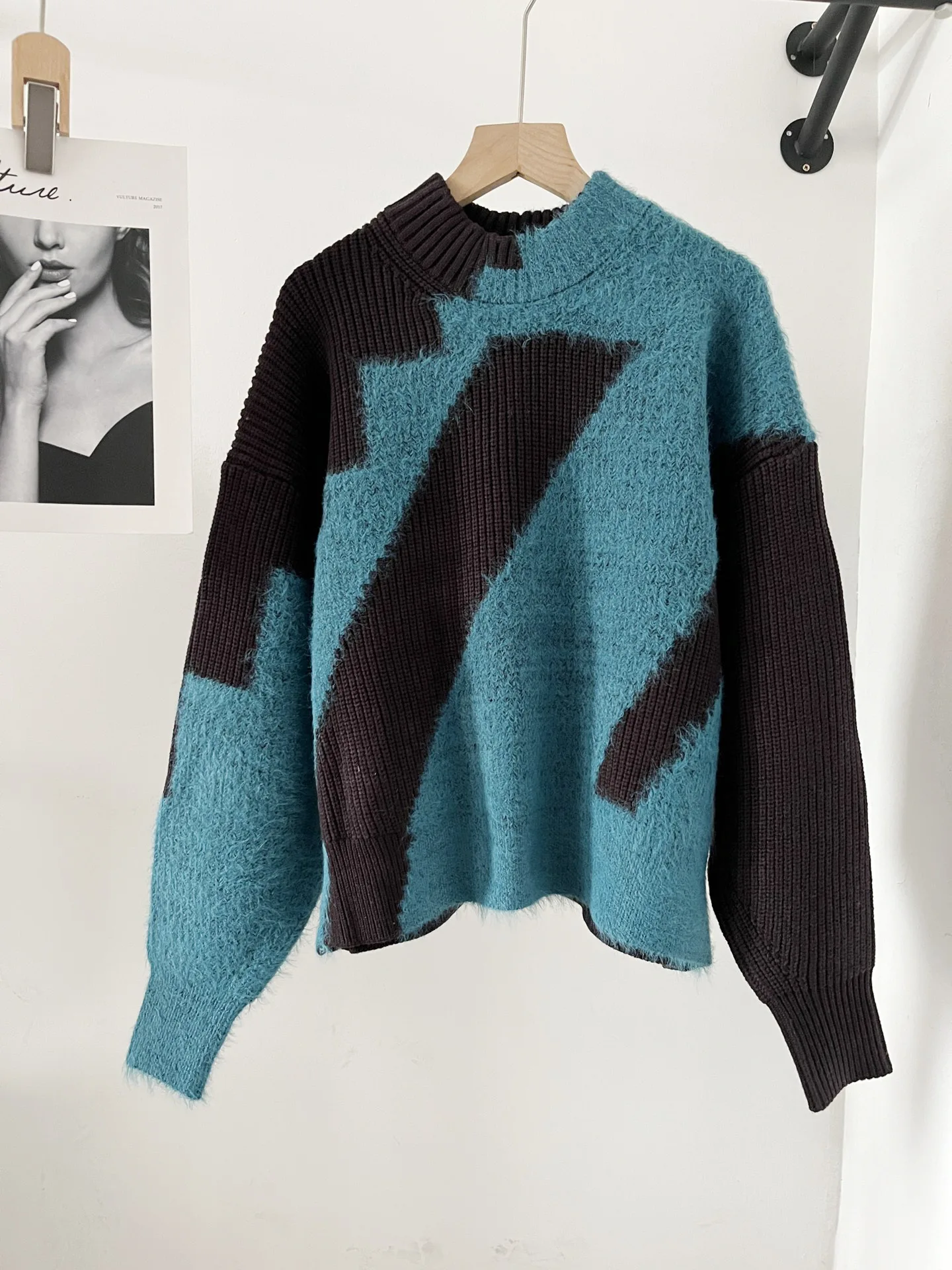 

Casual Color Block Knitted Sweater for Women Round Neck Long Sleeve Jumper Female Knitwear Tops 2024 New