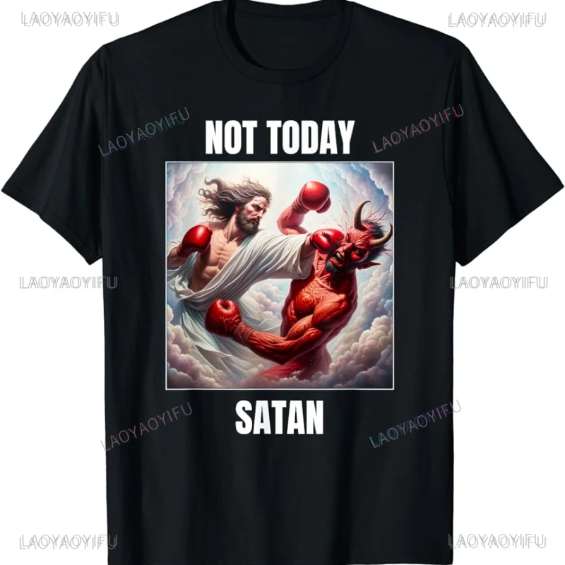 Jesus Vs Satan in A Boxing Match Funny Cotton Men\'s Clothing Not Today Satan John 14 6 Christian Unisex Street Trend Tshirt