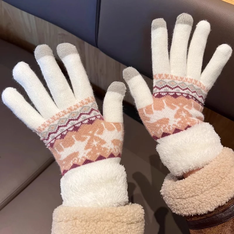 คริสต์มาส Reindeer Jacquard ถักถุงมือ Plush Cuff หนาถุงมืออุ่นฤดูใบไม้ร่วงฤดูหนาว Soft Coldproof Touchscreen ถุงมือ