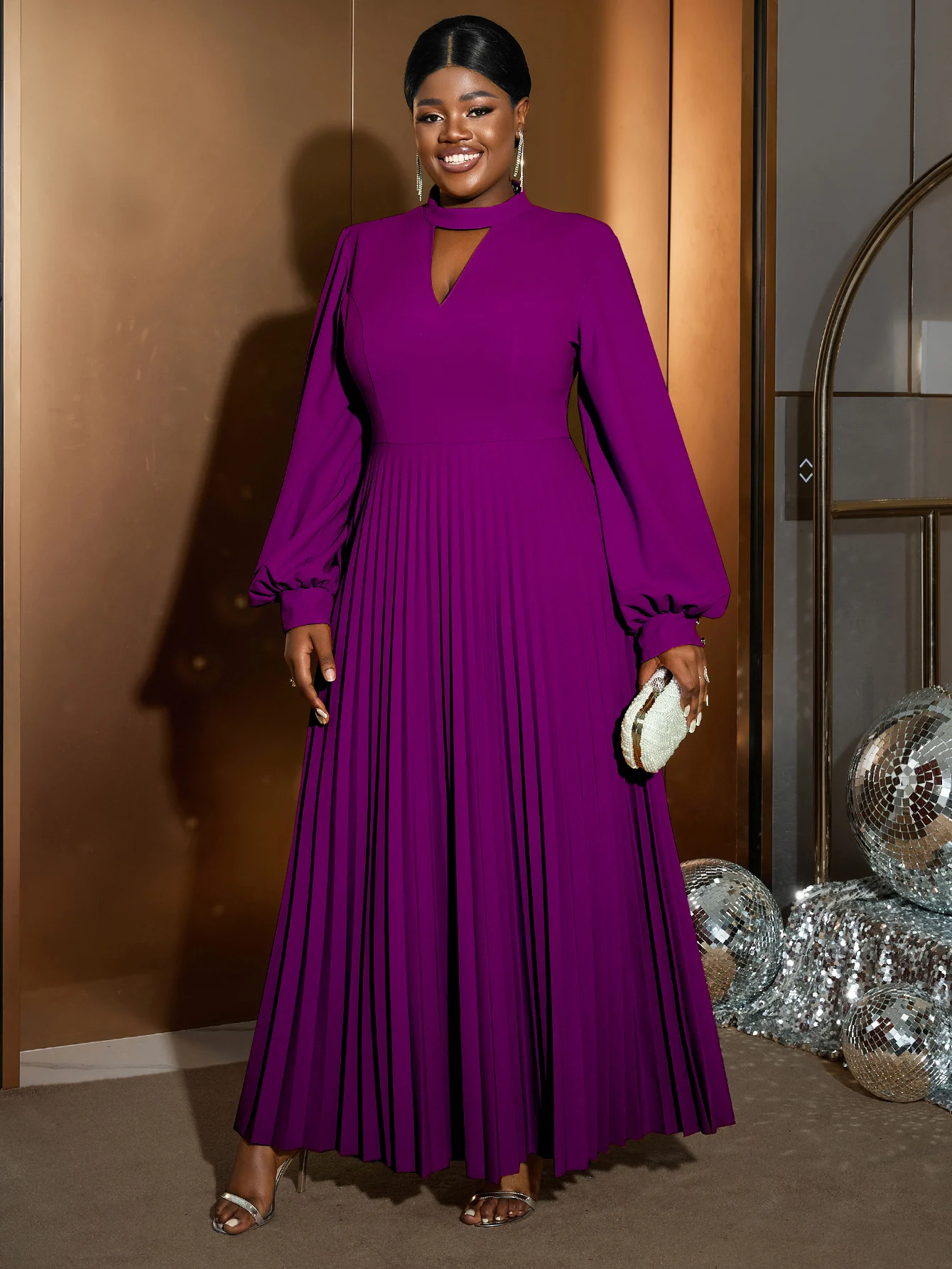 AOMEI Purple Muslim Robe Round Neck Hollow Pleated Long Skirt Loose Casual Long Sleeves Plus Size Women's Fashion 2024