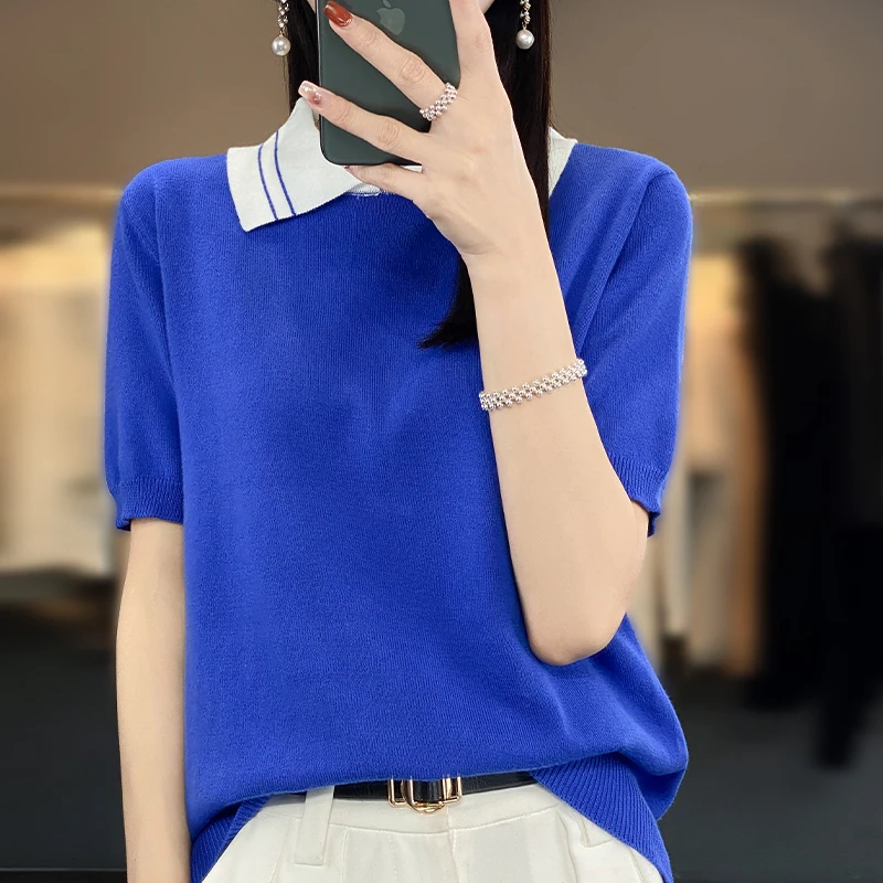 100% Cotton Spliced Sweater Women's POLO Collar Pullover Short Sleeve Top Summer New Knitted Loose Fashion Tank Top T-shirt