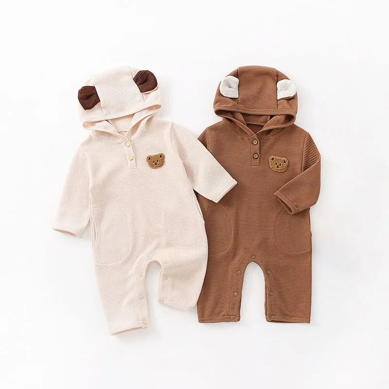 MILANCEL New Autumn Baby Rompers 3-24M Cute Bear Waffle Toddler Boys Jumpsuit Thin Loose Korean Infant Hooded Clothes