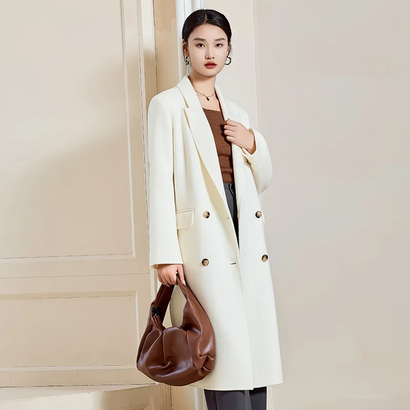 

100% Wool Coat Women Winter New White Wool Coat Female Autumn Fashion Loose Coat Suit Collar Button Casual Commuter Hand Sewn