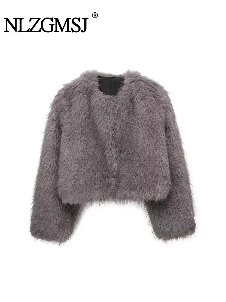 

Nlzgmsj TRAF 2023 Woman Artificial Fur Effect Short Jacket Coats O-Neck Vintage Long Sleeve Autumn Winter Causal Loose Warm Tops