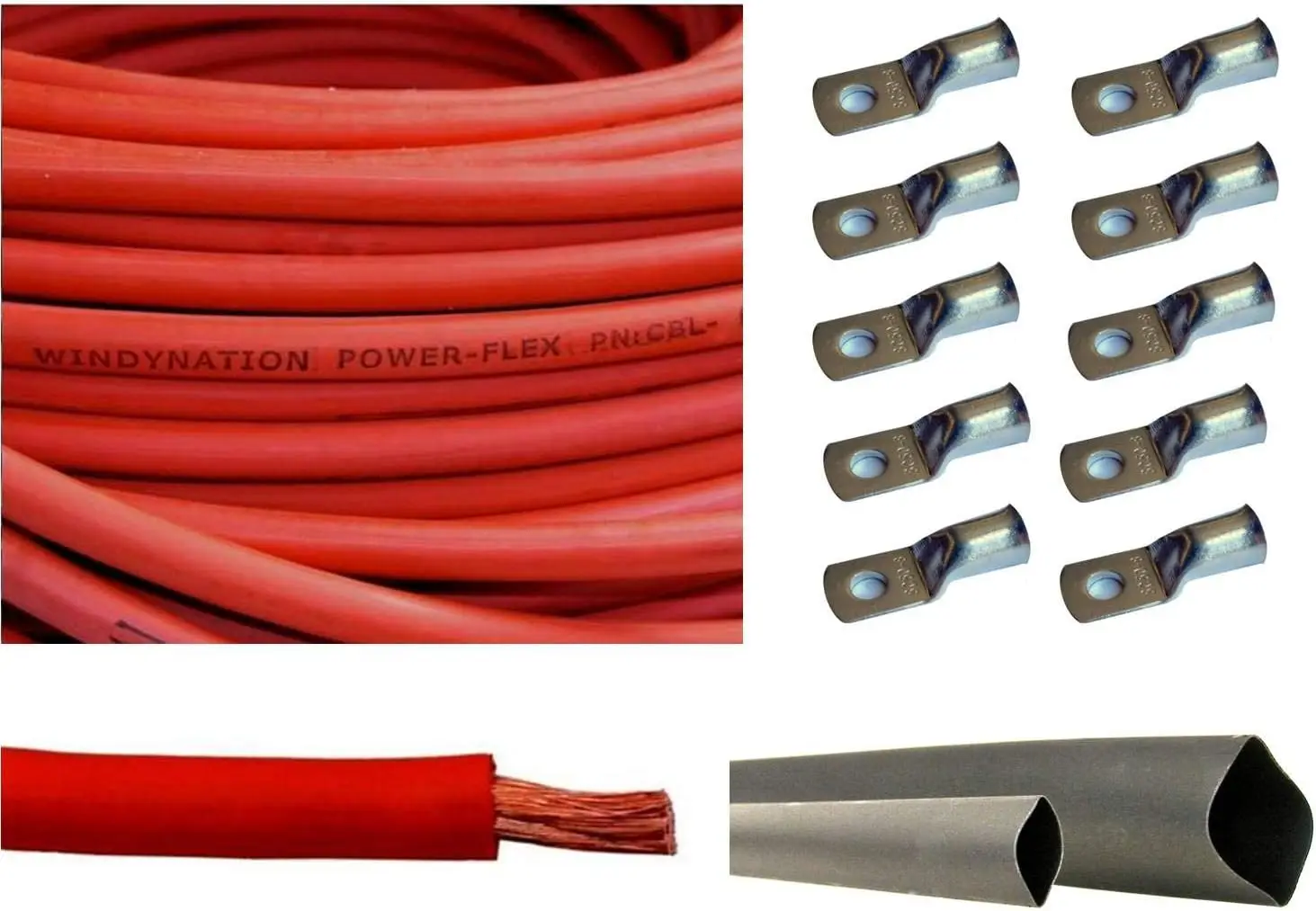 

WNI 1/0 AWG 1/0 Gauge 100 Feet Red Battery Welding Pure Copper Ultra Flexible Cable + 5pcs of 5/16" & 5pcs 3/8" Copper Cable Lug