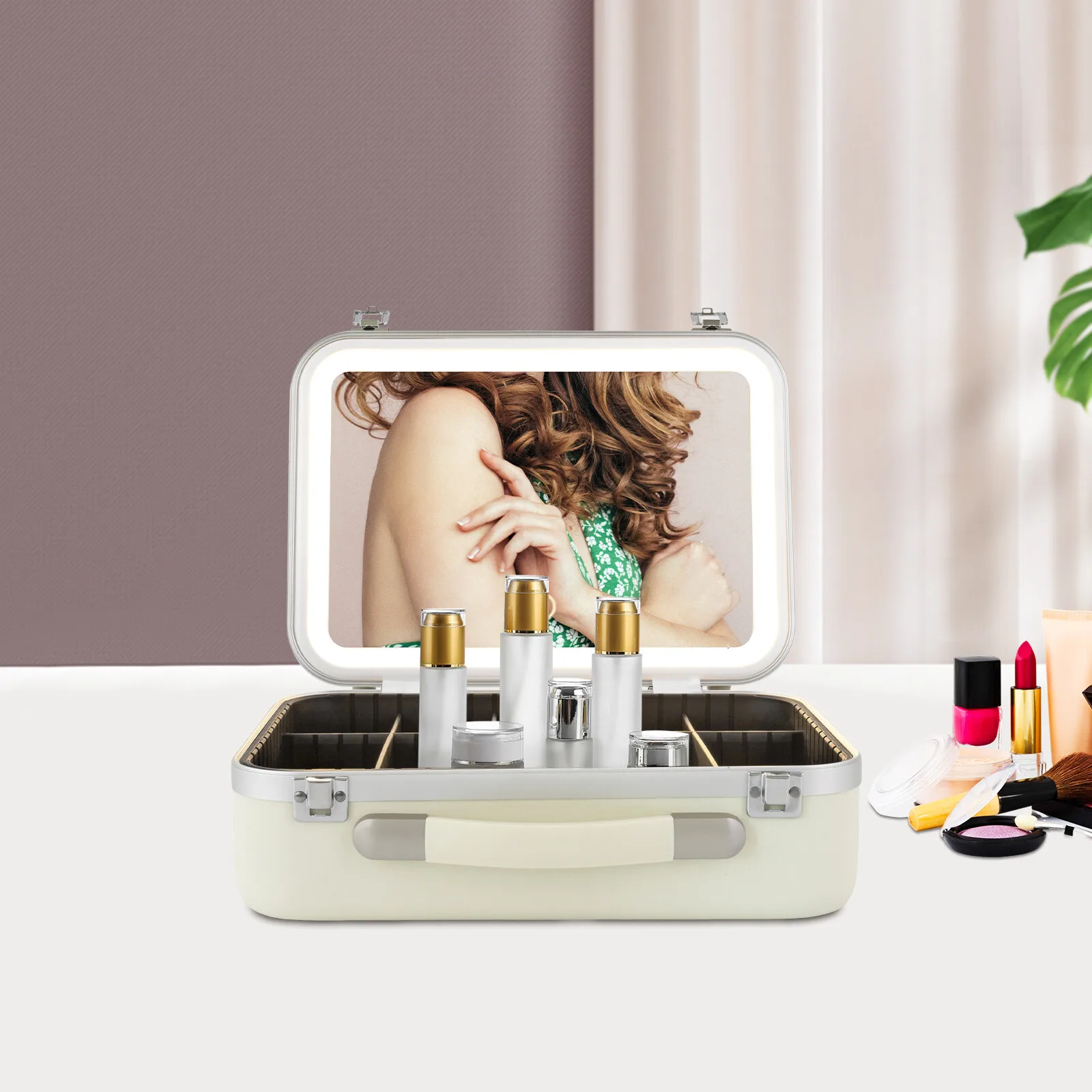 

Dimmable LED Light Mirror Women Cosmetic Bag Travel Makeup Case Organizer Large