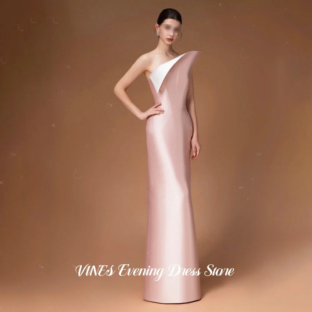 VINES Elegant Blush Pink One Shoulder Long Column Evening Gown Origami Fold Contrast Trim Satin Prom Evening Party Customized
