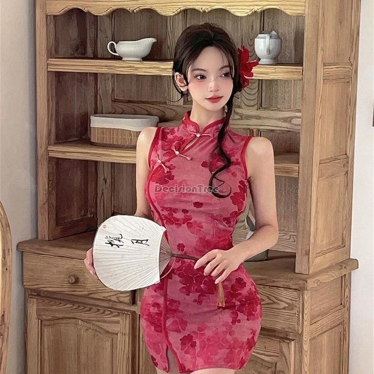 

Лето 2021, улучшенное платье Cheongsam без рукавов в китайском стиле, сексуальное короткое платье Ципао без рукавов с разрезом и воротником-стойкой, женское