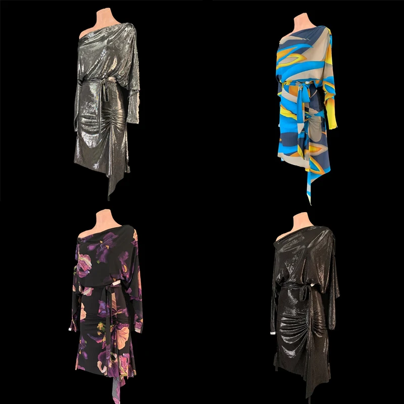 

Adults Chacha Latin Dance Competition Costume Slanted Shoulder Latin Top Drawstring Skirt Women Ballroom Dance Wear SL11577