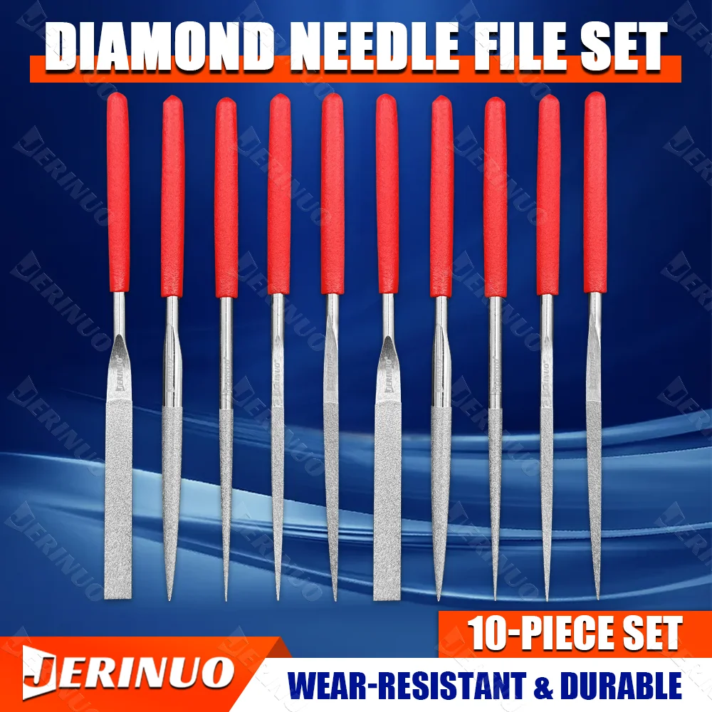 

JERINUO 10 pcs set of diamond needle files 3x140mm/5x180mm mini needle file set, suitable for jewelry, metal, wood, ceramic, glass, stone crafts, sharp hand carving tools