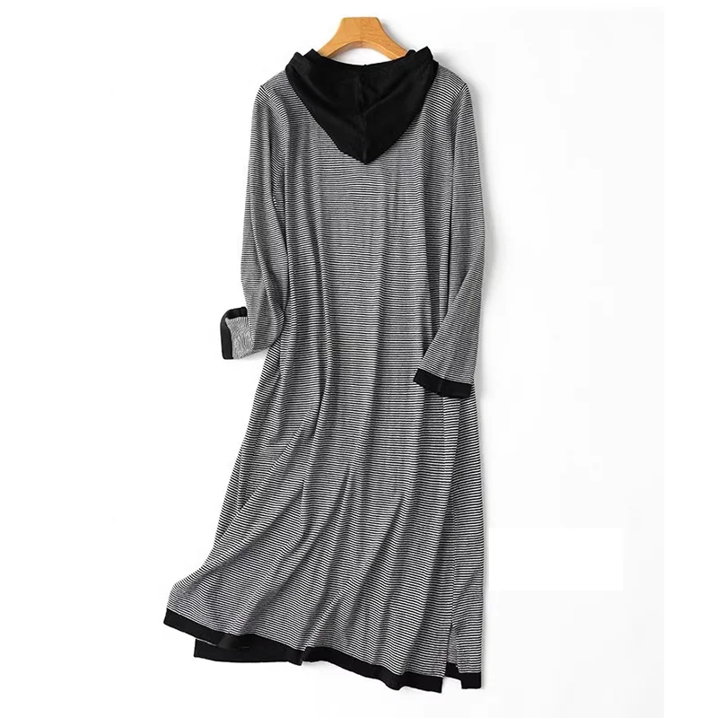 Birdtree 63.9% Silk Women's Cashmere Blend Dresses Stripes Hooded Side Slit Pullover Top Sweater Straight Dress Autumn D37479QM