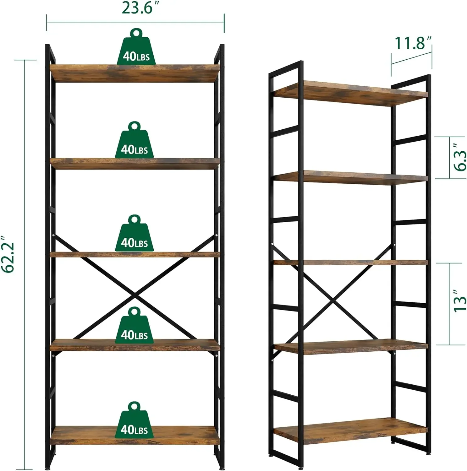 Shintenchi Bookshelf, 5 Tier Bookshelf, Tall Bookcase Shelf for CDs/Movies/Books,Home Office Bookcase Shelf Storage Organizer,Mo