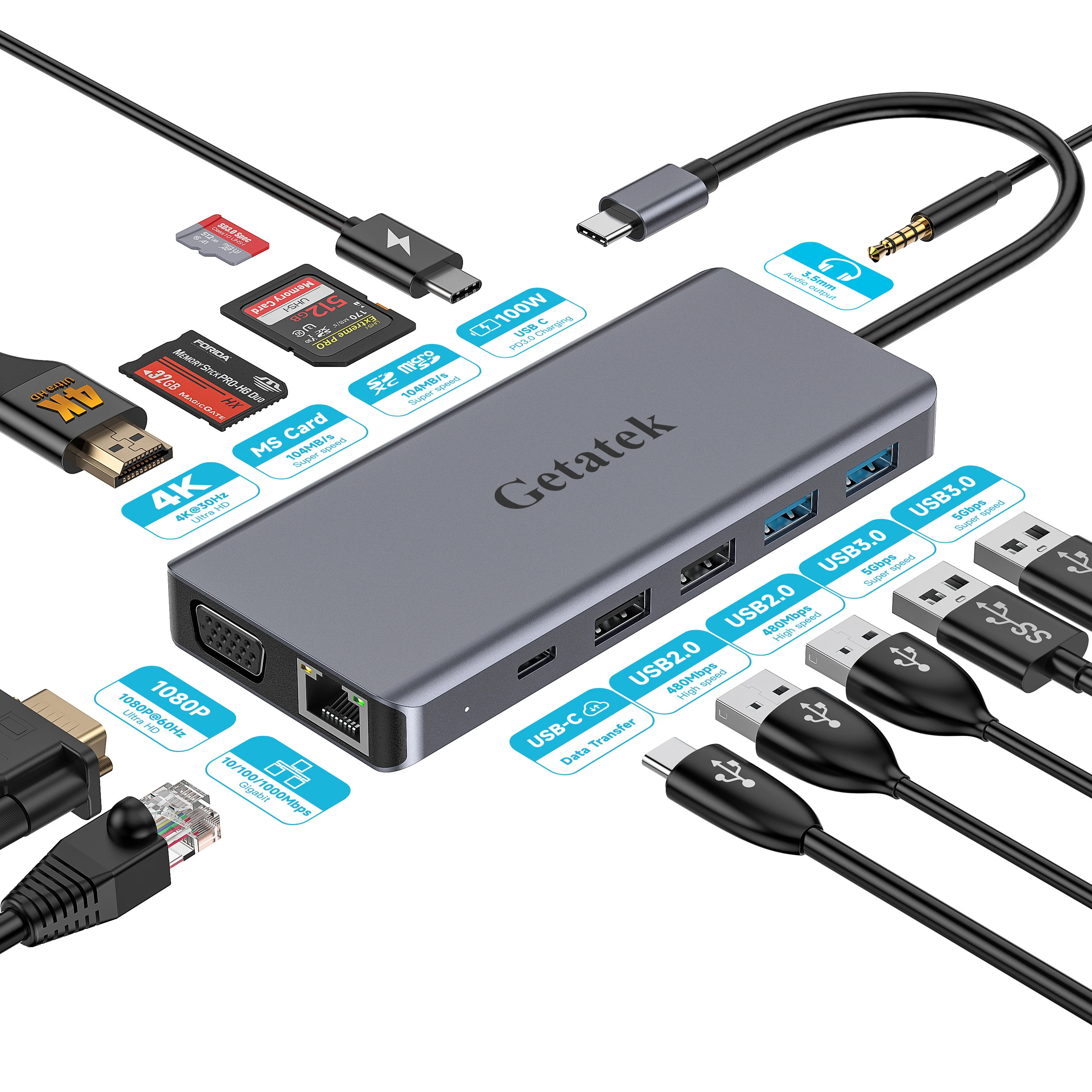 Getatek USB C Hub Multiport Adapter 4K HDMI VGA RJ45 USB 3.0 PD 100W SD TF MS and 3.5mm Audio for MacBook Pro Air Laptop PC