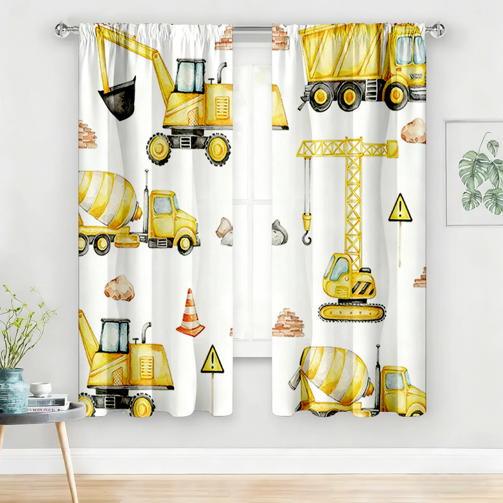 2-teilige gelbe Bau-Fahrzeuge-Vorhänge für Kinder, transparente Fenstervorhänge mit spielerischem Bau-Themen-Print für Kinderzimmer und Schlafzimmerdekoration