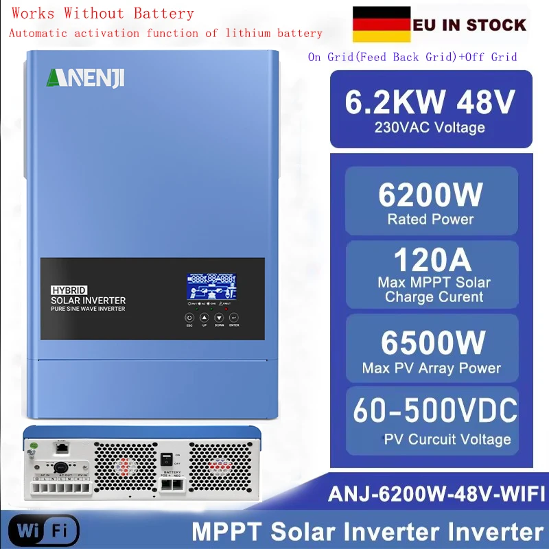 6.2KW 48V Hybrid Solar Inverter 230V On/Off Grid Photovoltaic Inverter Pure Sine PV 60-500V 120A MPPT Solar Charge Controller