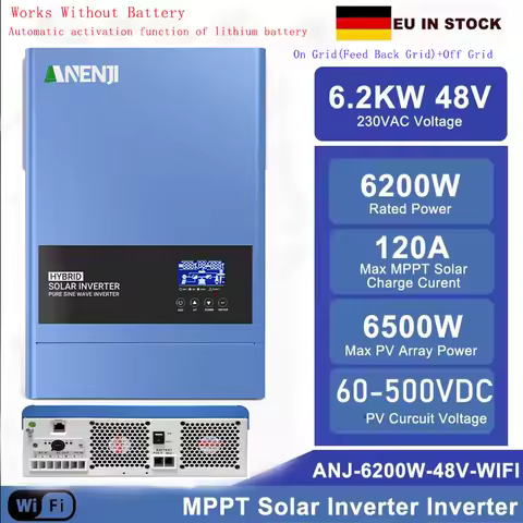 6.2KW 48V Hybrid Solar Inverter 230V On/Off Grid Photovoltaic Inverter Pure Sine PV 60-500V 120A MPPT Solar Charge Controller
