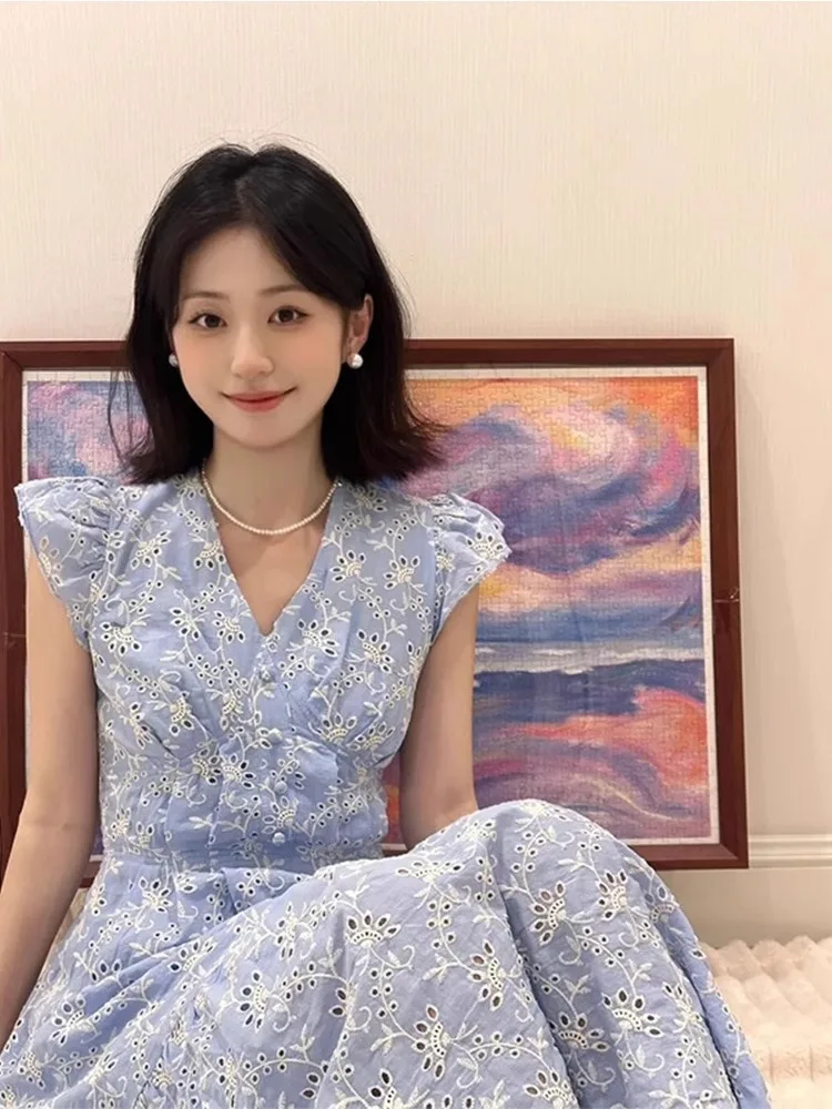 Floral Print V-Ne Dr Women's Summer New Gentle Sle Fly Sve Waist Cinching Slimming Long Dr French Sle Embroidery