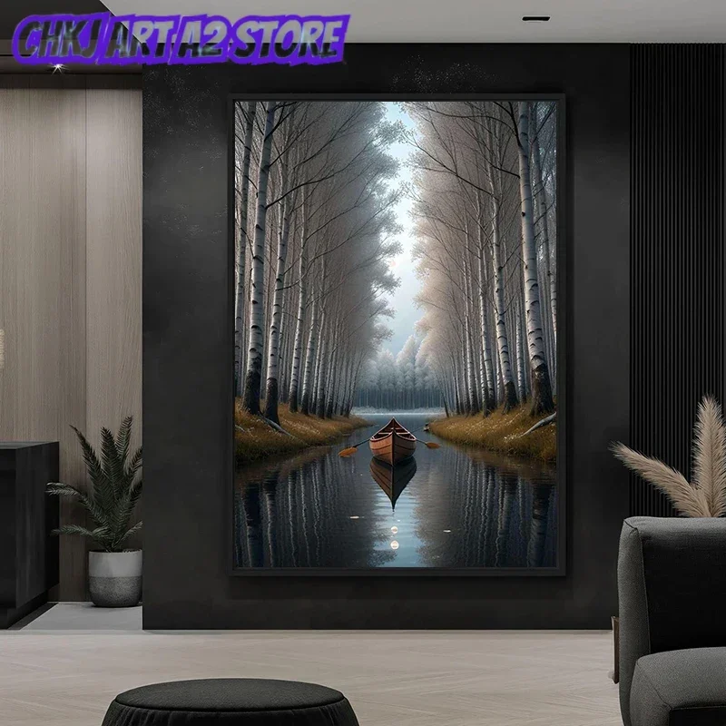 Misty Birch Forest Canoe Serene River Landscape Poster and Prints Canvas Painting Wall Art Pictures Home Decor Cuadros