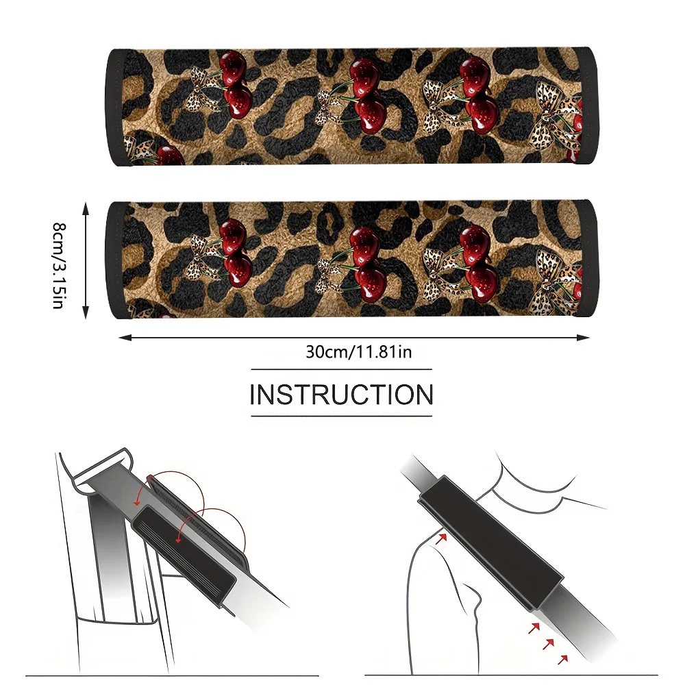 2pcs Cherry and Bow-leopard Print Car Seat Belt Cover, Fashionable Cherry and Bow-leopard Design, Multifunctional Car