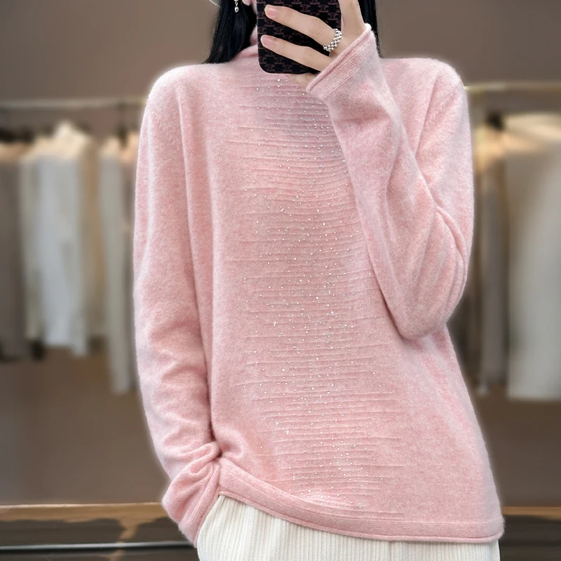 2024 Autumn/Winter New High Collar Sweater Women\'s 100% Pure Wool Knit Pullover Luxury Design Clothing Turtleneck Warm Sweater