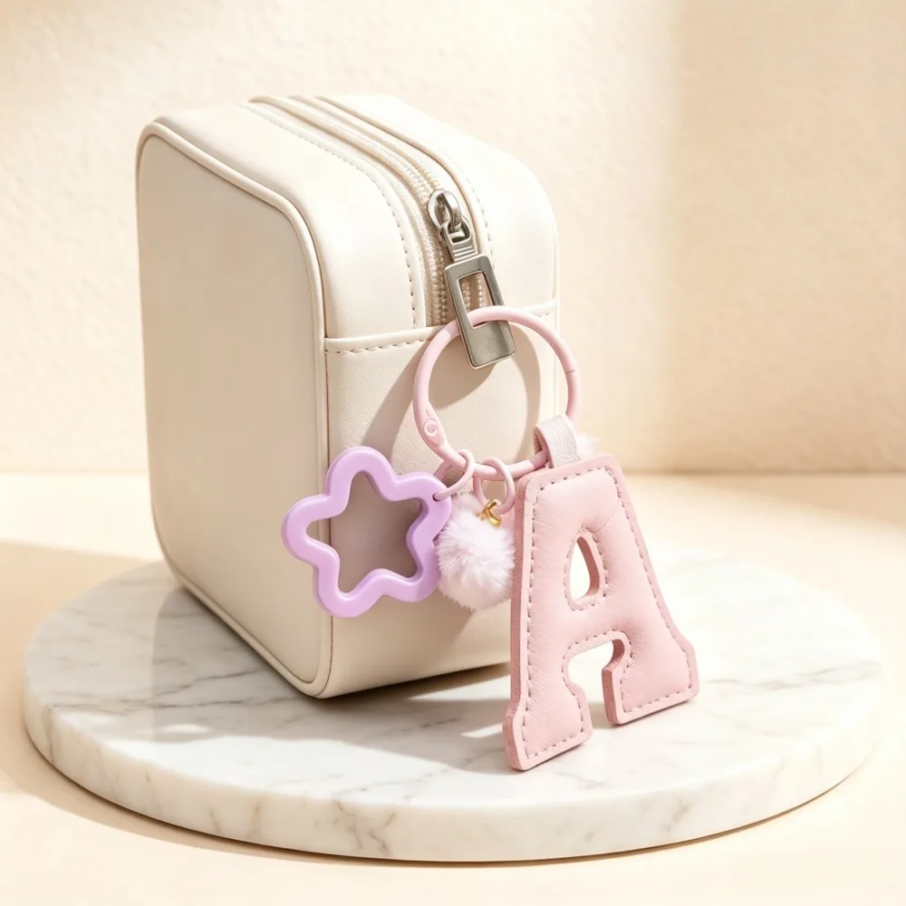 Initialen-Schlüsselanhänger mit Pompon-Sternrahmen aus Leder, A-Z Alphabet-Taschenanhänger, Rucksack- und Handtaschenanhänger für Damen, Personalisierter Schlüsselring – Detail 5
