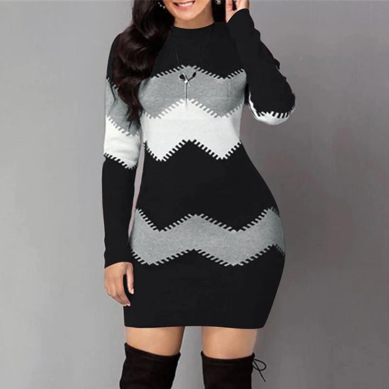 

Autumn Winter Women'S Fashion Print Slim Dress 2024 Female Long-Sleeve O-Neck Elegant Bodycon Package Hips Mini Dresses Vestidos