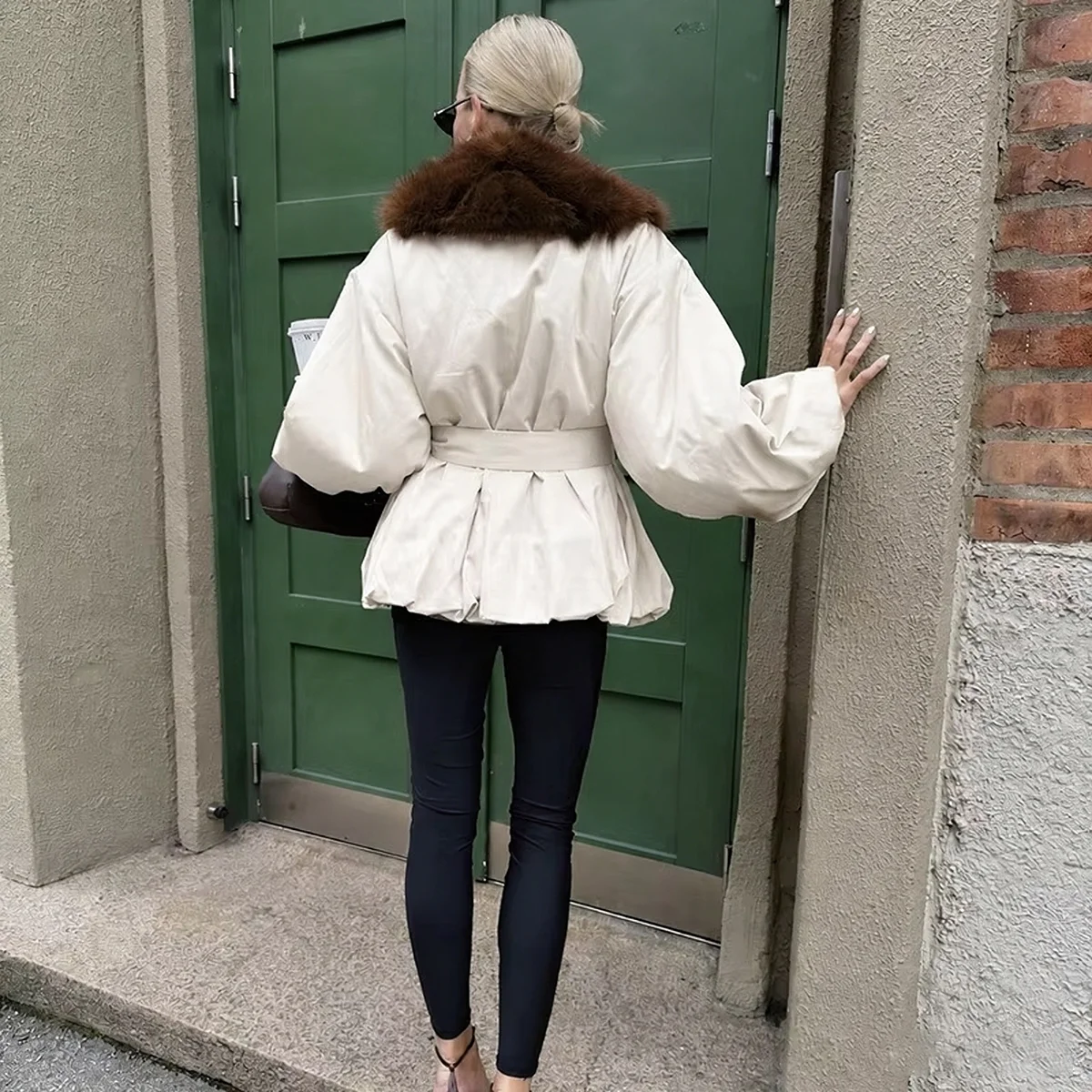 Women's Beige Faux Fur Trim Jacket Belted Lantern Sleeve Bubble Hem Winter Warm Elegant Luxe Chic Streetwear