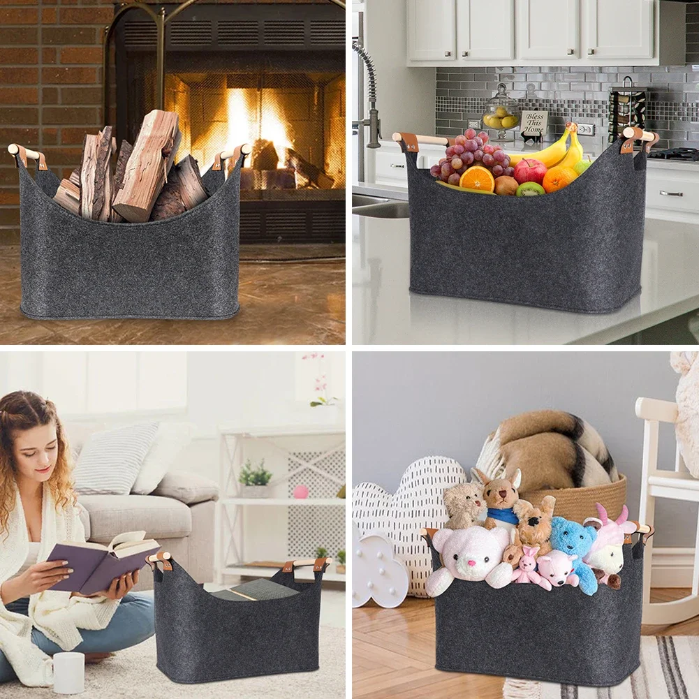 Felt Basket Firewood Box with Wooden Handles Foldable Wood Basket for Firewood Wood Newspapers Clothes Storage Basket