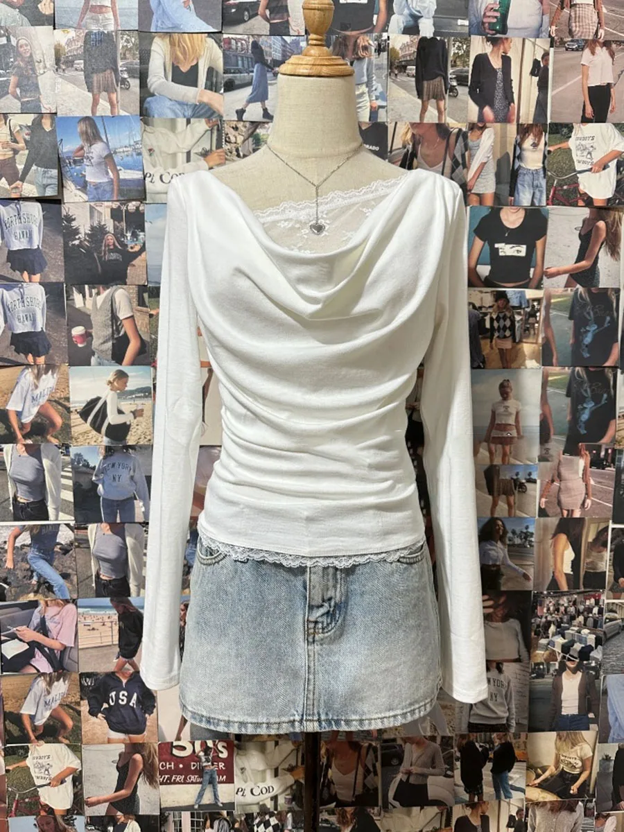 White Sweet Lace Patchwork Fake Two Pieces Tshirts New Draped Neckline Long Sleeve Slim Tees Spring Solid Cute T-shirt Y2K Tops