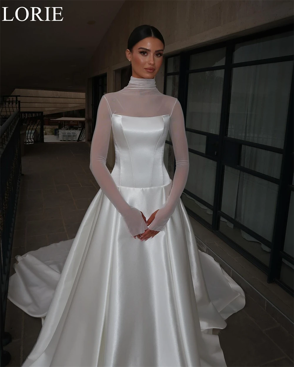 LORIE Elegant Satin Wedding Dresses A-Line High Neck Long Sleeves Pleated Bride Prom Gown 2025 Modest Bridal Gowns Customized