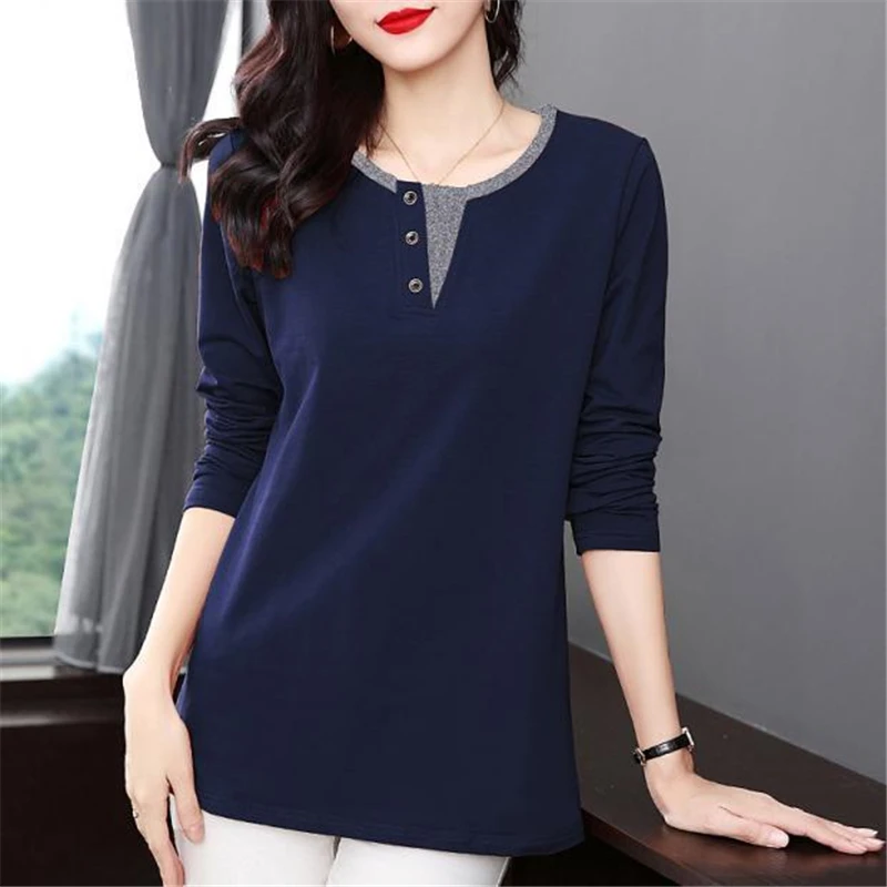 Middle Aged Women Elegant Button Contrast Color Long Sleeve Loose Basic T-shirt Spring Autumn Casual All Match Ladies Tops M-5XL