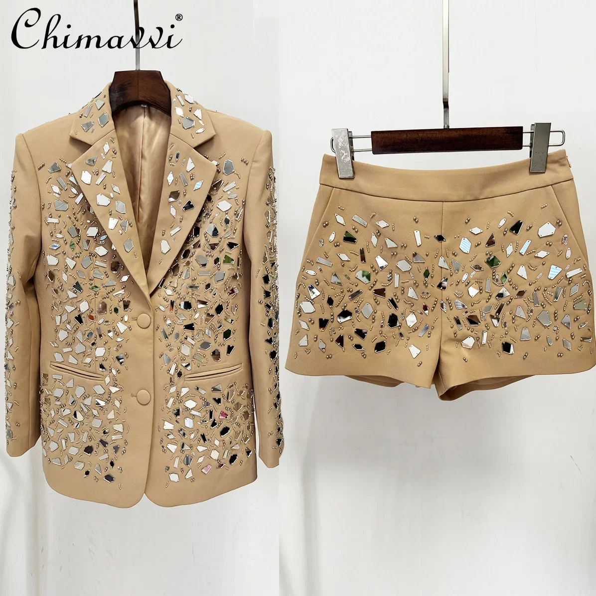 

French Fashion Commuter Heavy Industry Beaded Mirror Single-breasted Blazers High Waist Shorts Two-piece Sets Women Spring 2025