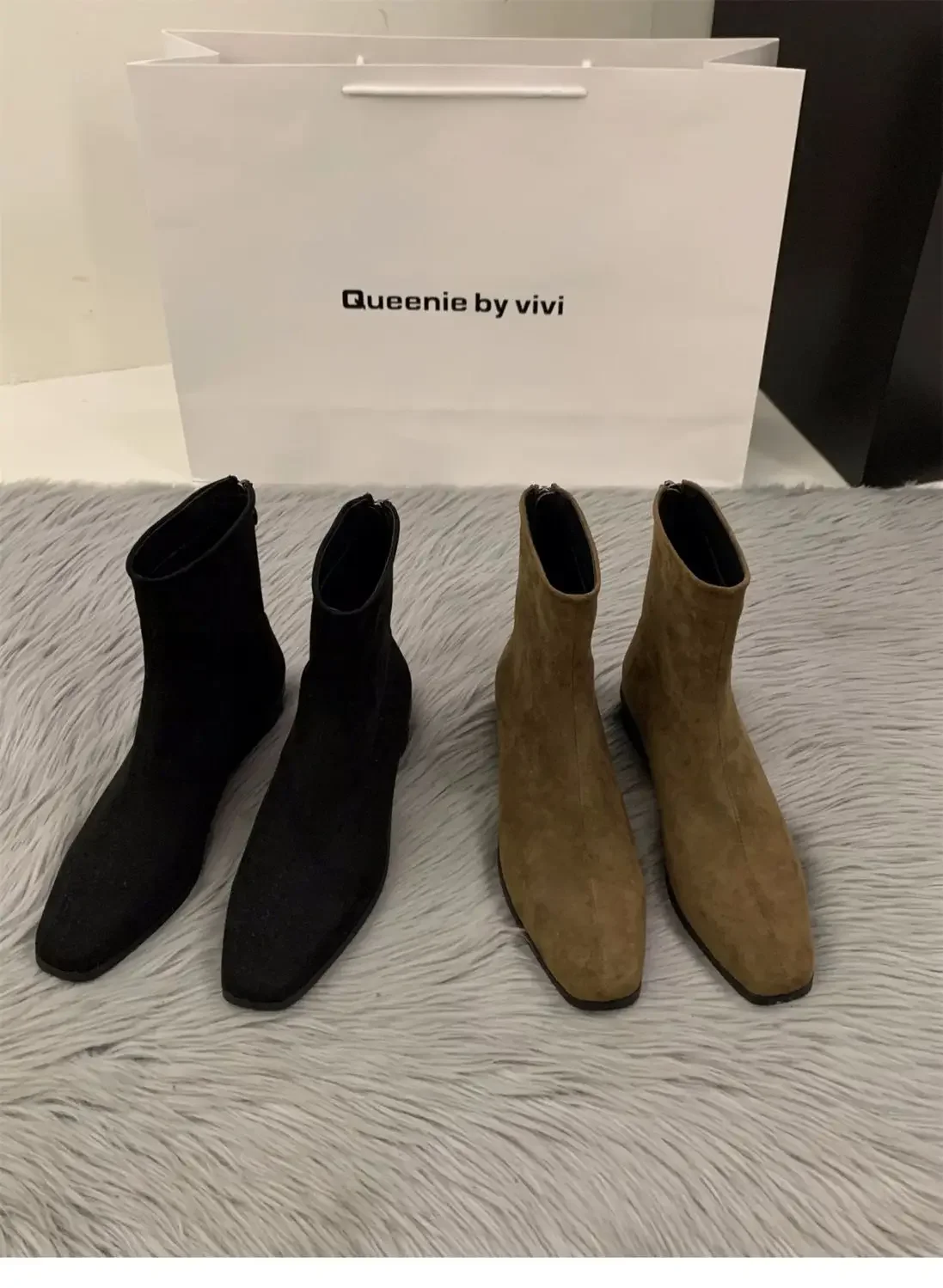 Pfirsichfarbener Rückenreißverschluss Nude-Stiefel Modischer Quadratischer Zeh Herbst/Winter-Stil Hoher Absatz Elegante Damen-Kurzstiefel – Detail 7