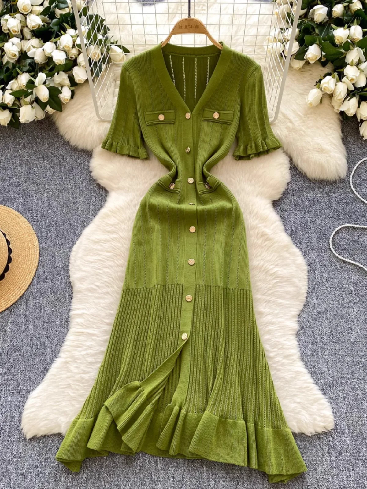 YuooMuoo Merk Fashion Vintage Gebreide Lange Jurk Lente Zomer Vrouwen Elegante V-hals Verstoorde Bodycon Trui Jurk Party Vestido - afbeelding 2
