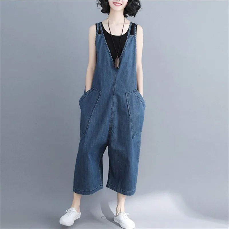 

Spring Fall V-neck Sleeveless Woman Clothes Jean Jumpsuit Solid Loose Denim Overalls Ladies Fashion Wide Leg Big Size Jumpsuits