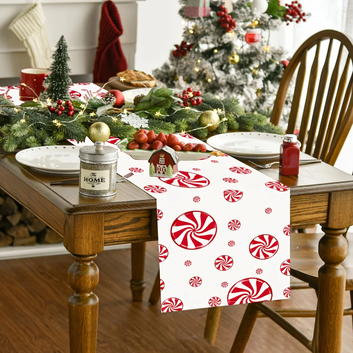 New Year Christmas Peppermint Candy Designs Print Winter Seasonal Kitchen Dining Table Decoration Suitable for Family Gatherings