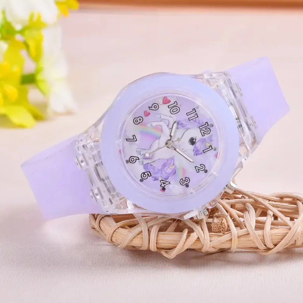 Set di orologi in silicone illuminato con unicorno stile caramello carino e bracciale pony: borsa per il trucco giocattolo gratuita inclusa