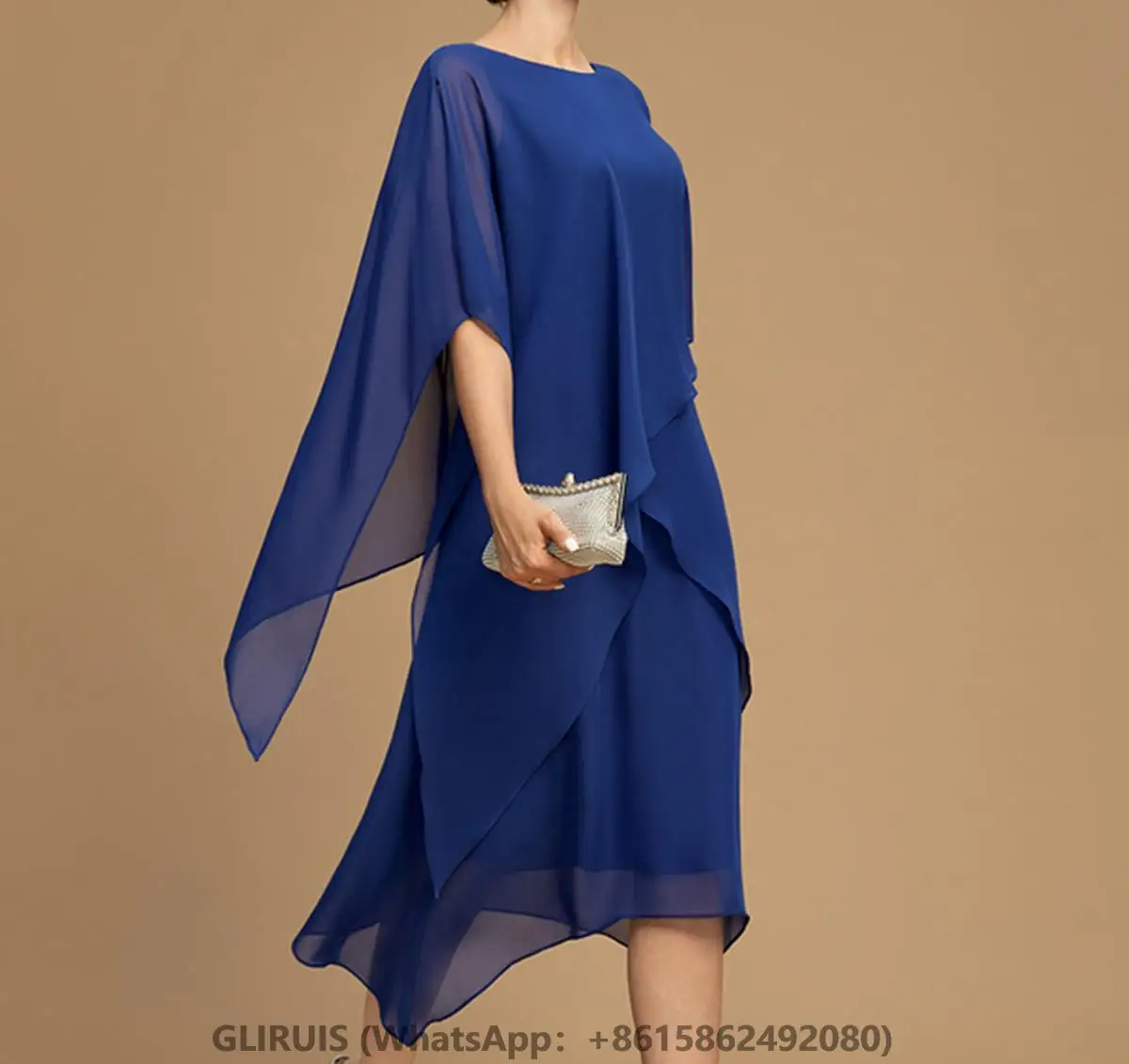 

A-Line Scoop Neck Tea-Length Chiffon Prom Evening Mother of the Bride Dress With Cascading Ruffles robes de soirée