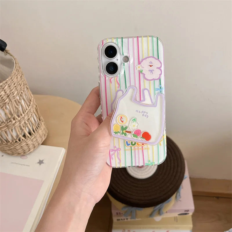 Luxury Cute Color Stripes Cartoon Bow Bear Phone Case For iPhone 13 14 15 16 Pro Max Funny Shopping Bag Shake Fruit Holder Cover